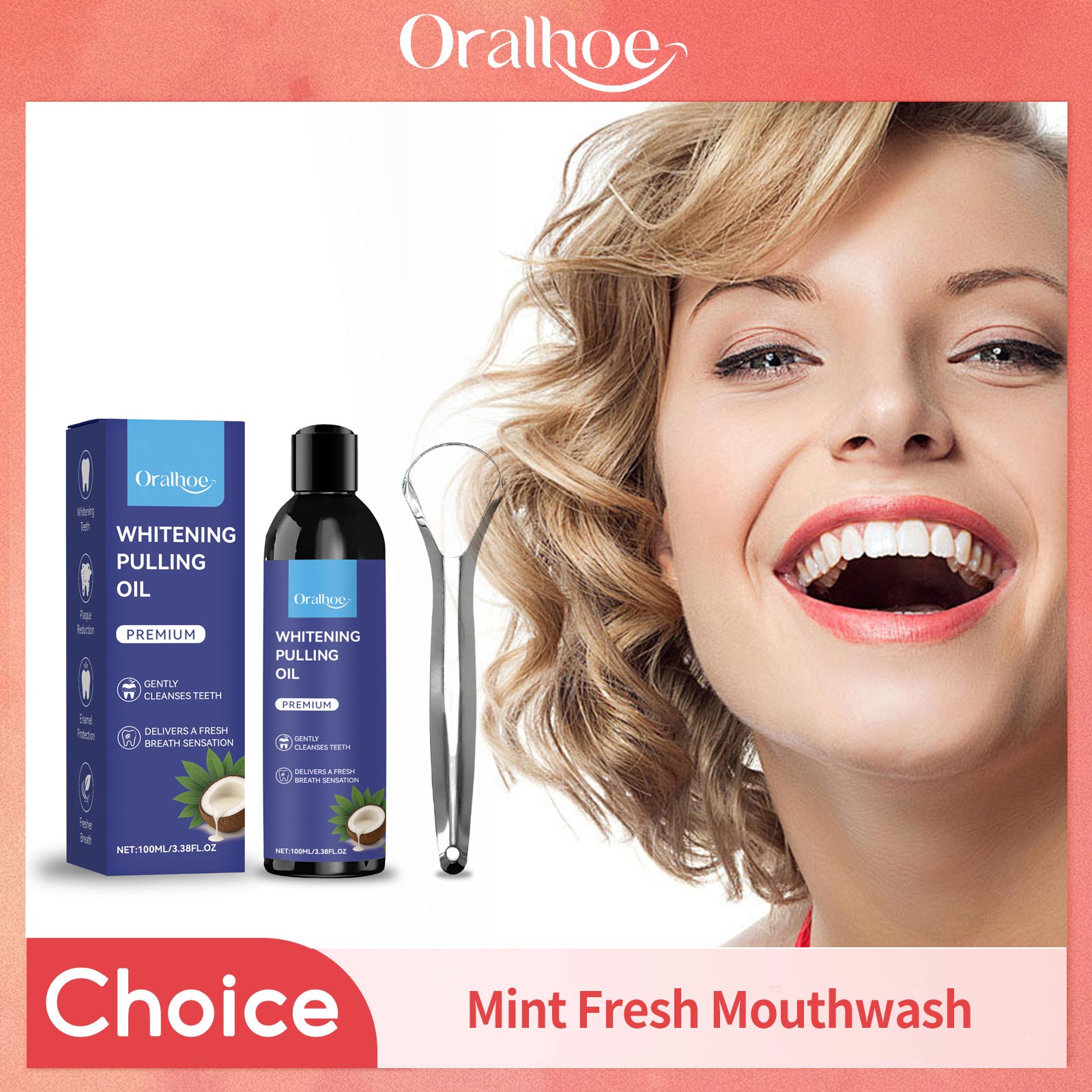 Teeth Whitening Oil Pulling - Kokosnuss-Ziehöl mit Zungenschaber, Zahnaufhellung, Mundhygiene, Reinigung,