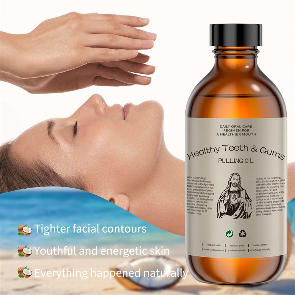 Teeth Whitening Oil Pulling - Kokosnuss-Ziehöl-Mundwasser hellt die Zähne auf, entfernt